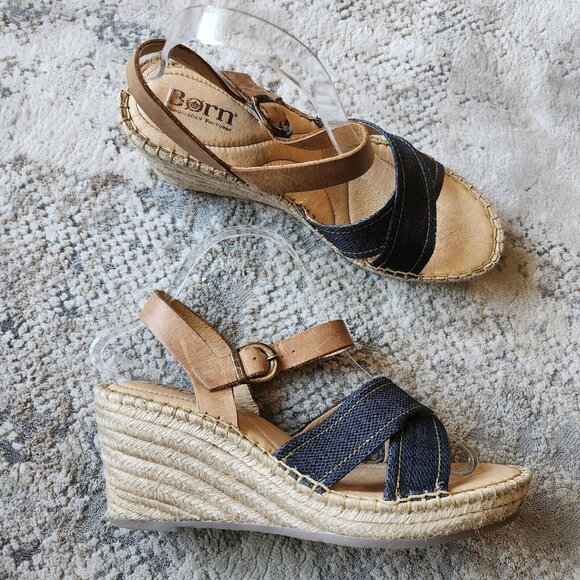 Born Shoes - Born Wedge Sandals Women's 9 Blue Fabric Tan Leather Comfort Espadrille Platform